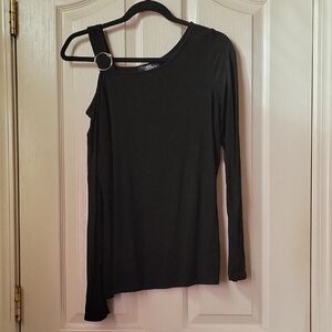 One-Shoulder Black Long Sleeve Top with Ring Detail